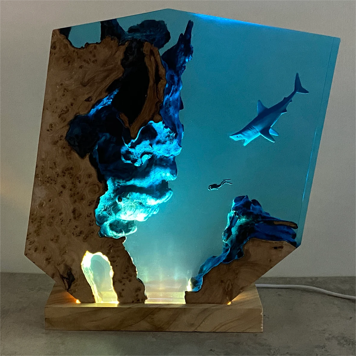 Sharks, divers, wood sculptures, epoxy resin lamp （ Best Gift 🎁 ）