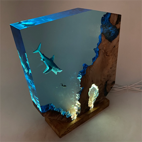 Sharks, divers, wood sculptures, epoxy resin lamp （ Best Gift 🎁 ）