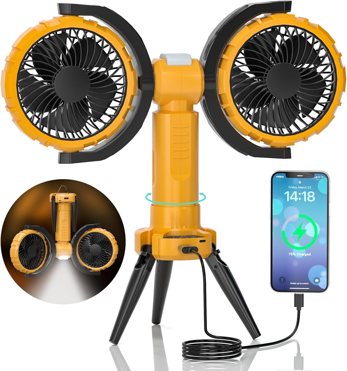 USB Camping Fan with Tripod, 4 Speeds, 360° Rotation & LED Light