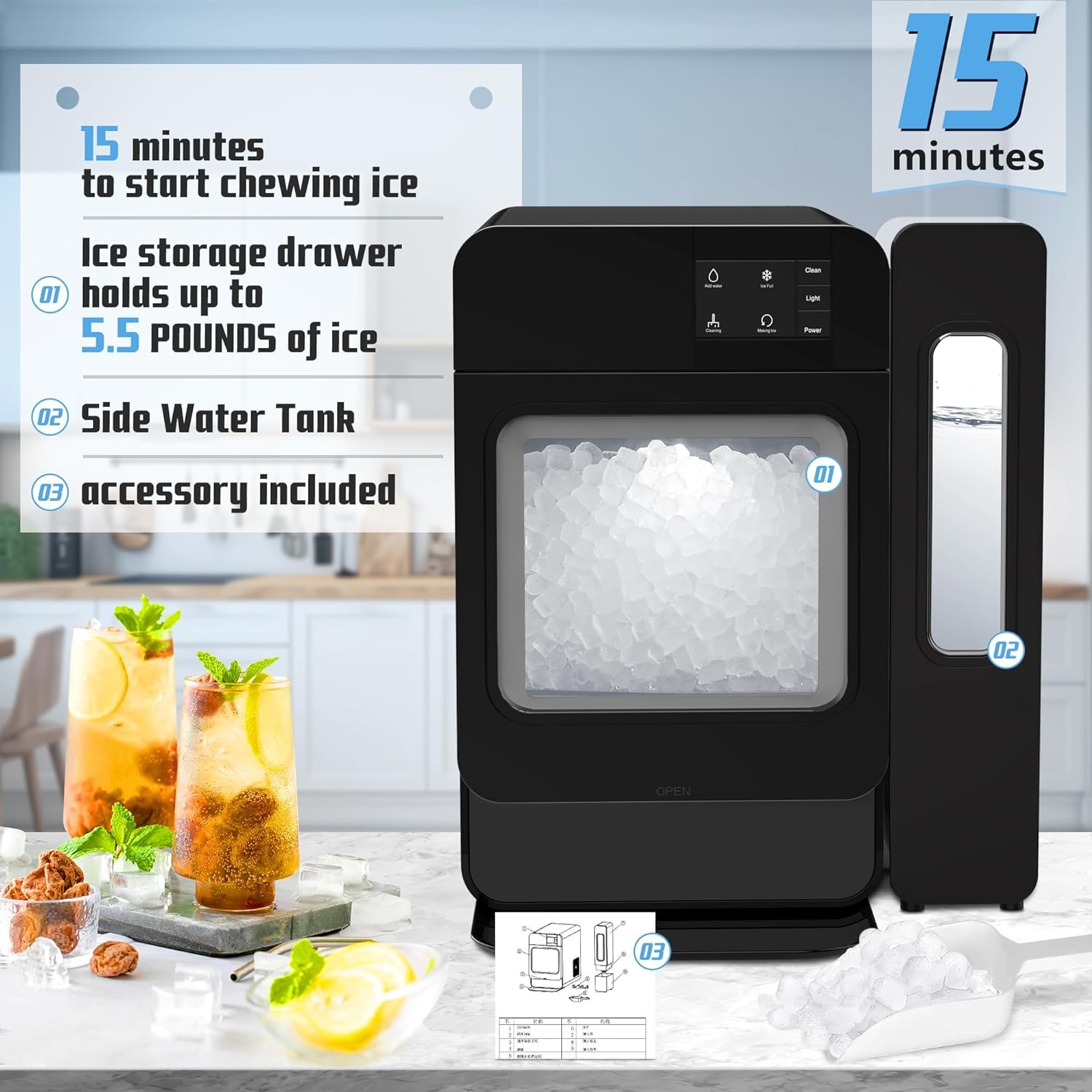 Countertop Nugget Ice Maker with Side Water Tank