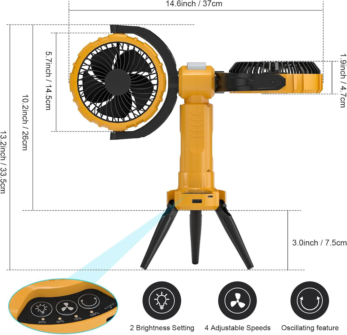 USB Camping Fan with Tripod, 4 Speeds, 360° Rotation & LED Light