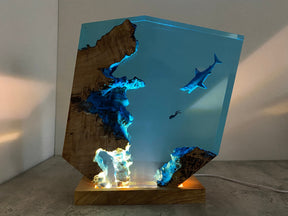 Sharks, divers, wood sculptures, epoxy resin lamp （ Best Gift 🎁 ）