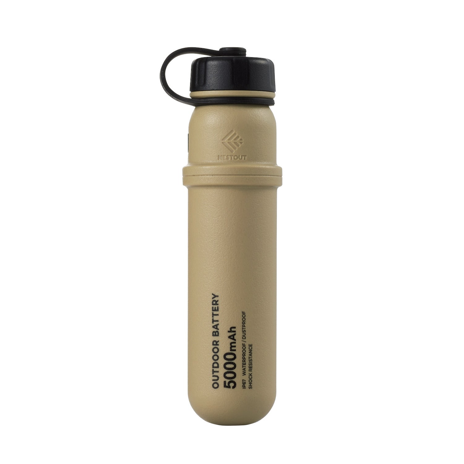 beige cylinder battery pack with military IP67 rating - stores up to 5000mAh of power - to be used with NESTOUT solar panels