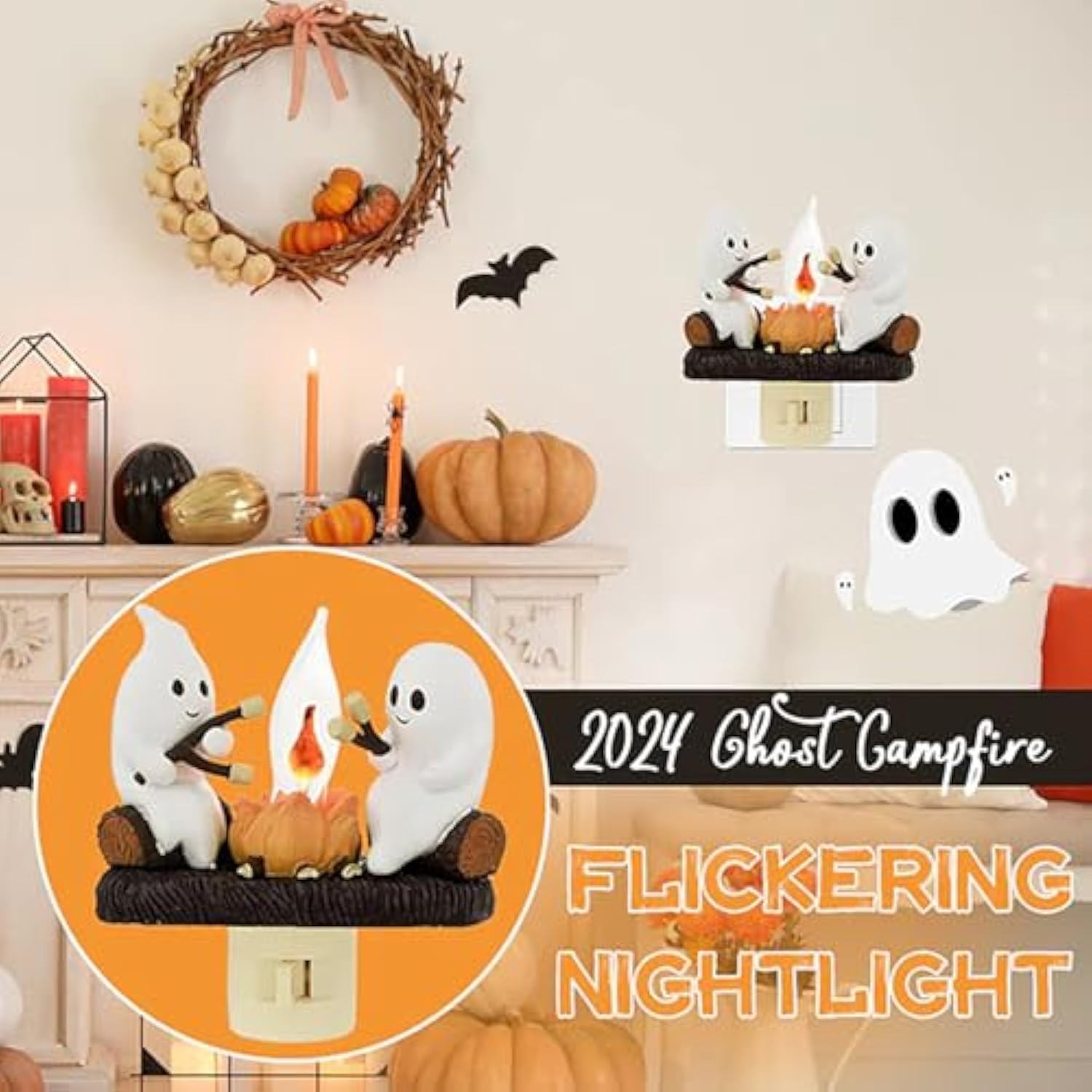 GHOSTS ROASTING CAMPFIRE S’MORES FLICKER FLAME NIGHT LIGHT✈ GLOBAL SHIPPING - FREE OVER $49 ✈